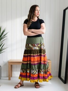 Pura Vida Olive Green Multicolor Tiered A-Line Maxi Skirt